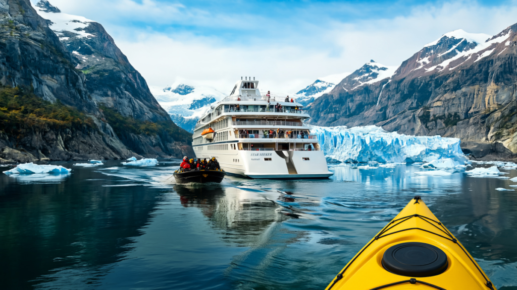 View from a kayak of an expedition cruise ship near a glacier in Tracy Arm, Alaska