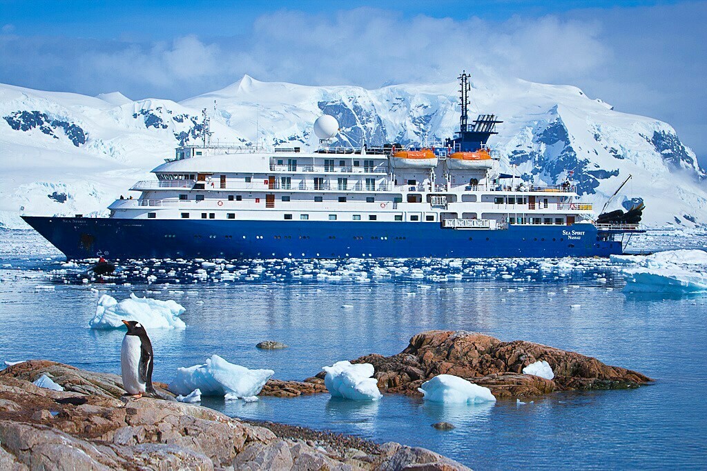 Expedition ship Sea Spirit anchored among icebergs in Antarctica with penguins on the shore