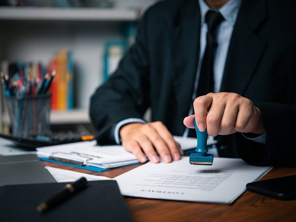 Notary stamping a document at a desk