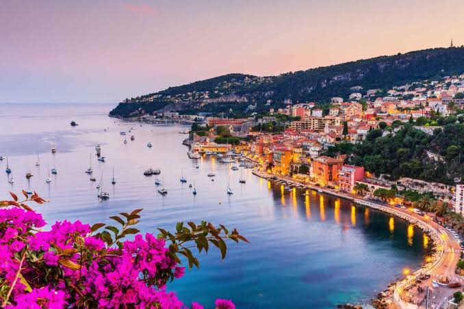 French Riviera bay at dusk with town lights and pink bougainvillea flowers